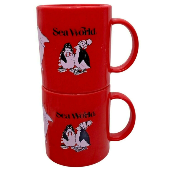 Vintage Sea World Mug Shamu Orca Penguin Sea Lion Logo Red Plastic Kid's Cup - Picture 3 of 8
